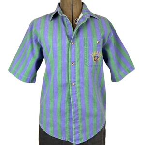 Vintage 80s Striped BUGLE BOY Button‎ Down Purple Green Mens (S/M) _Flaws